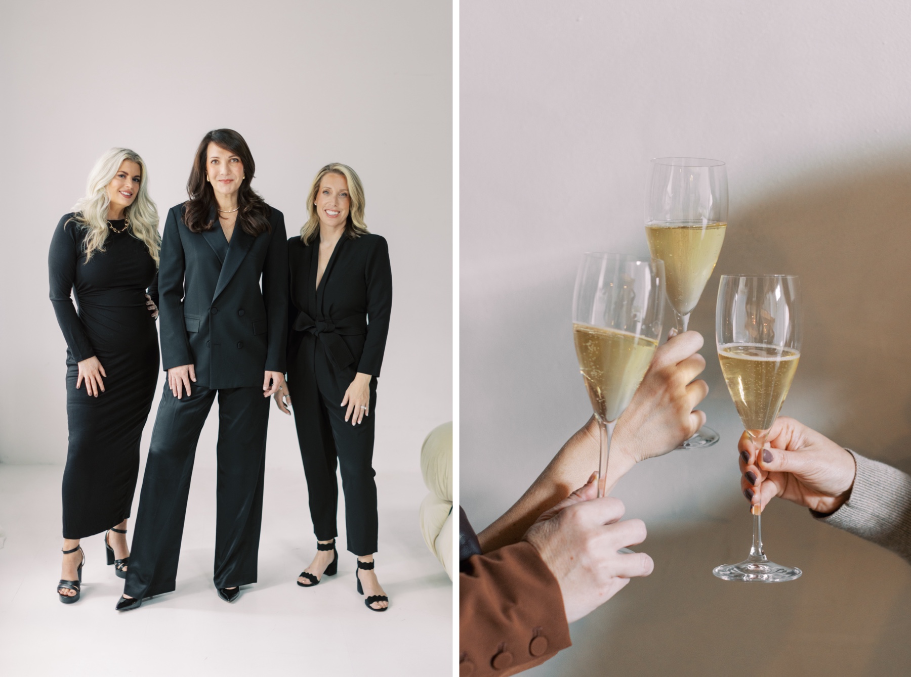 three women pose in black outfits in Atlanta studio while toasting champagne 