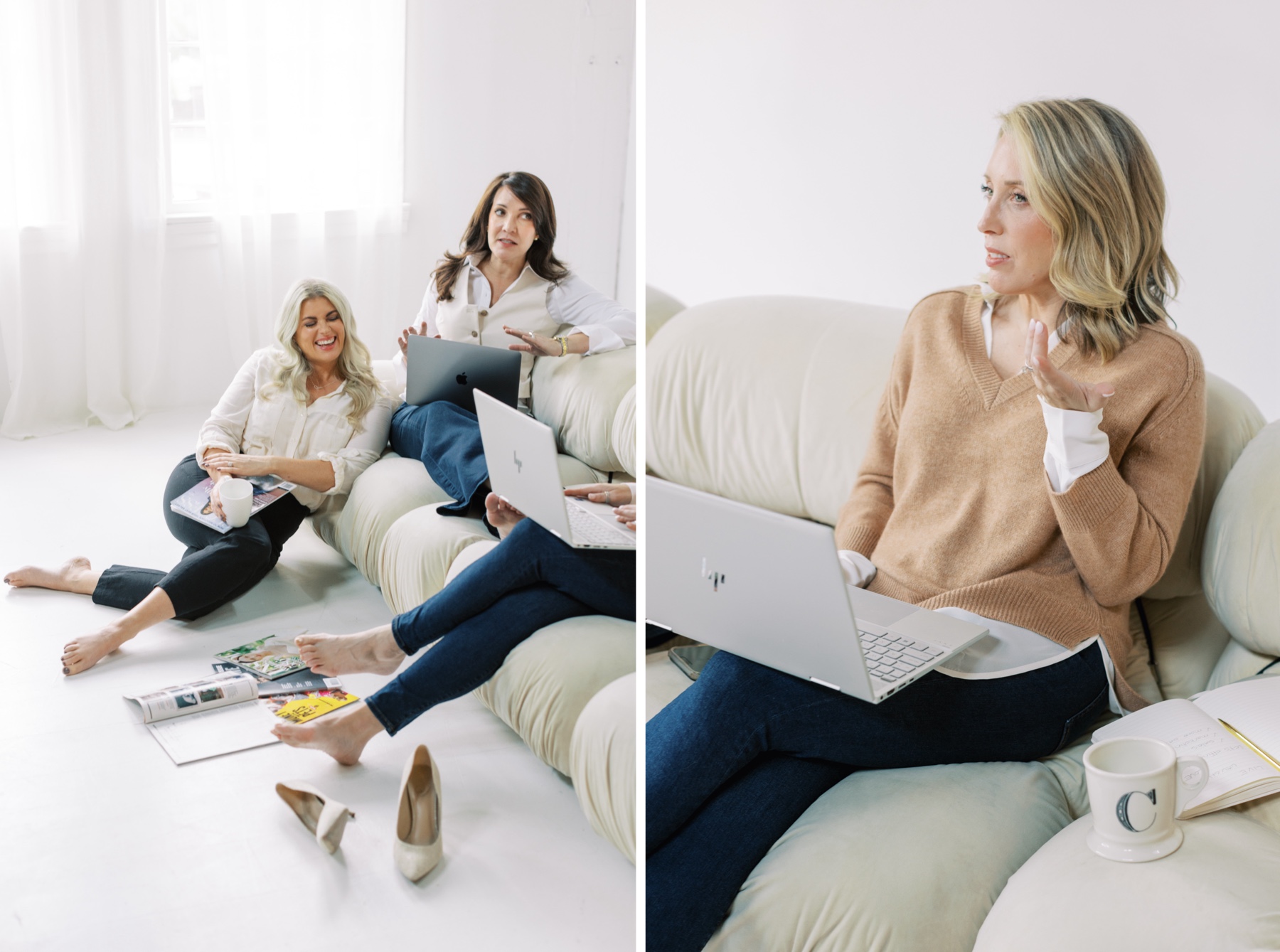 women work on laptops laughing on sofa in studio during branding session 
