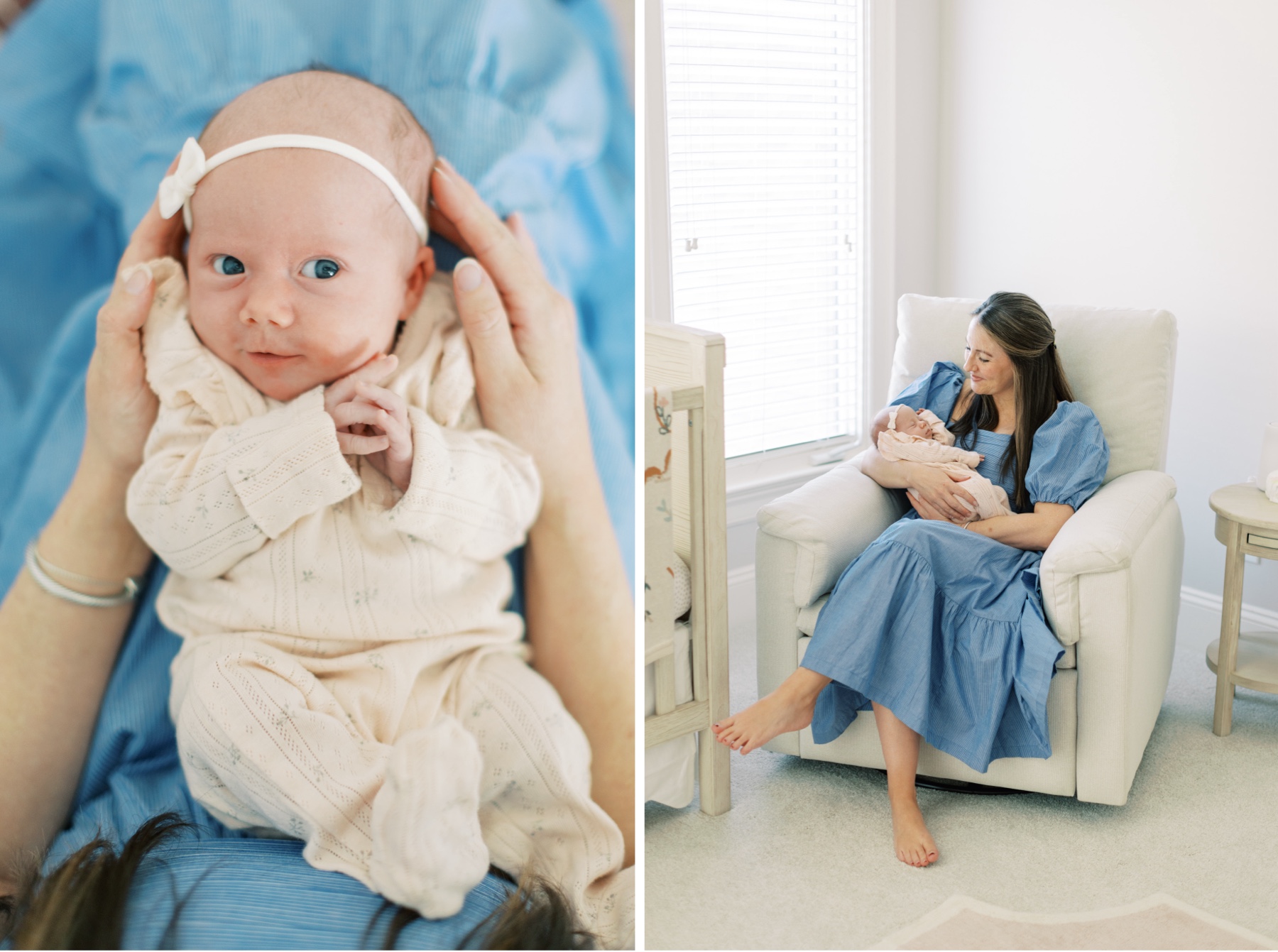 mother in blue dress rocks daughter during newborn session In Charlotte home nursery