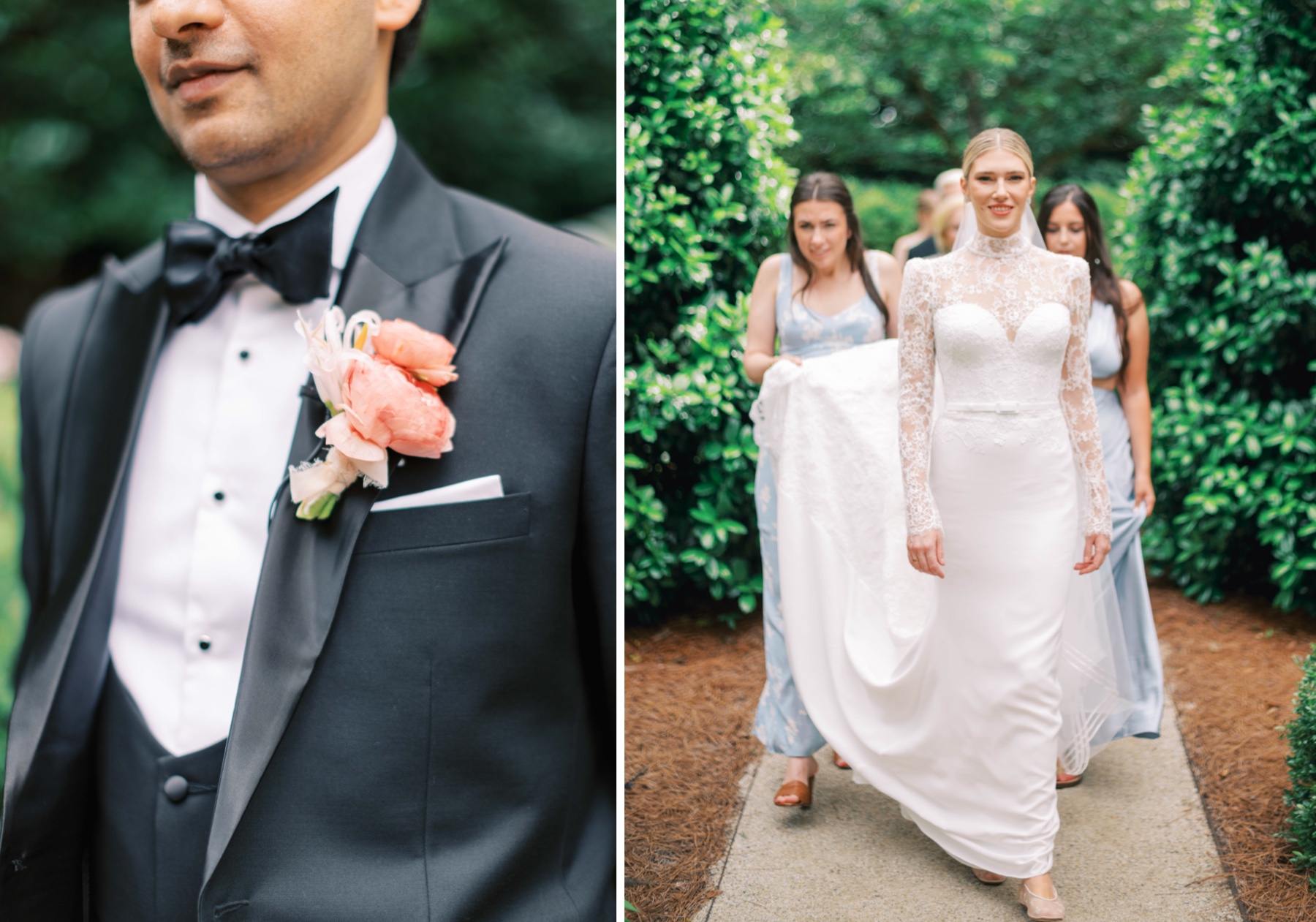 groom stands with peach peony on his lapel while bride walks with bridesmaids through Duke Mansion garden 