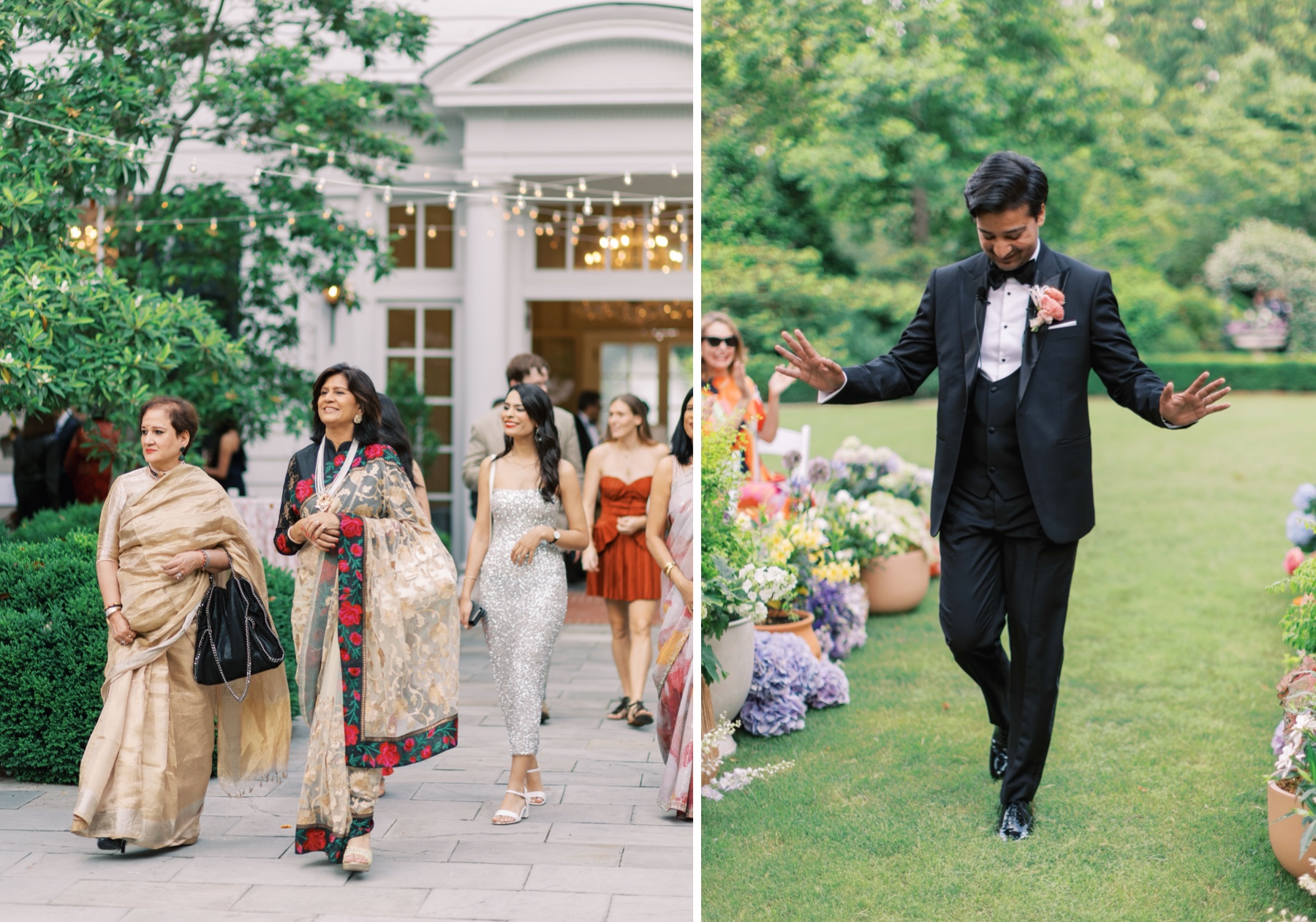 women walk down aisle in traditional Indian attire while groom walks down aisle 