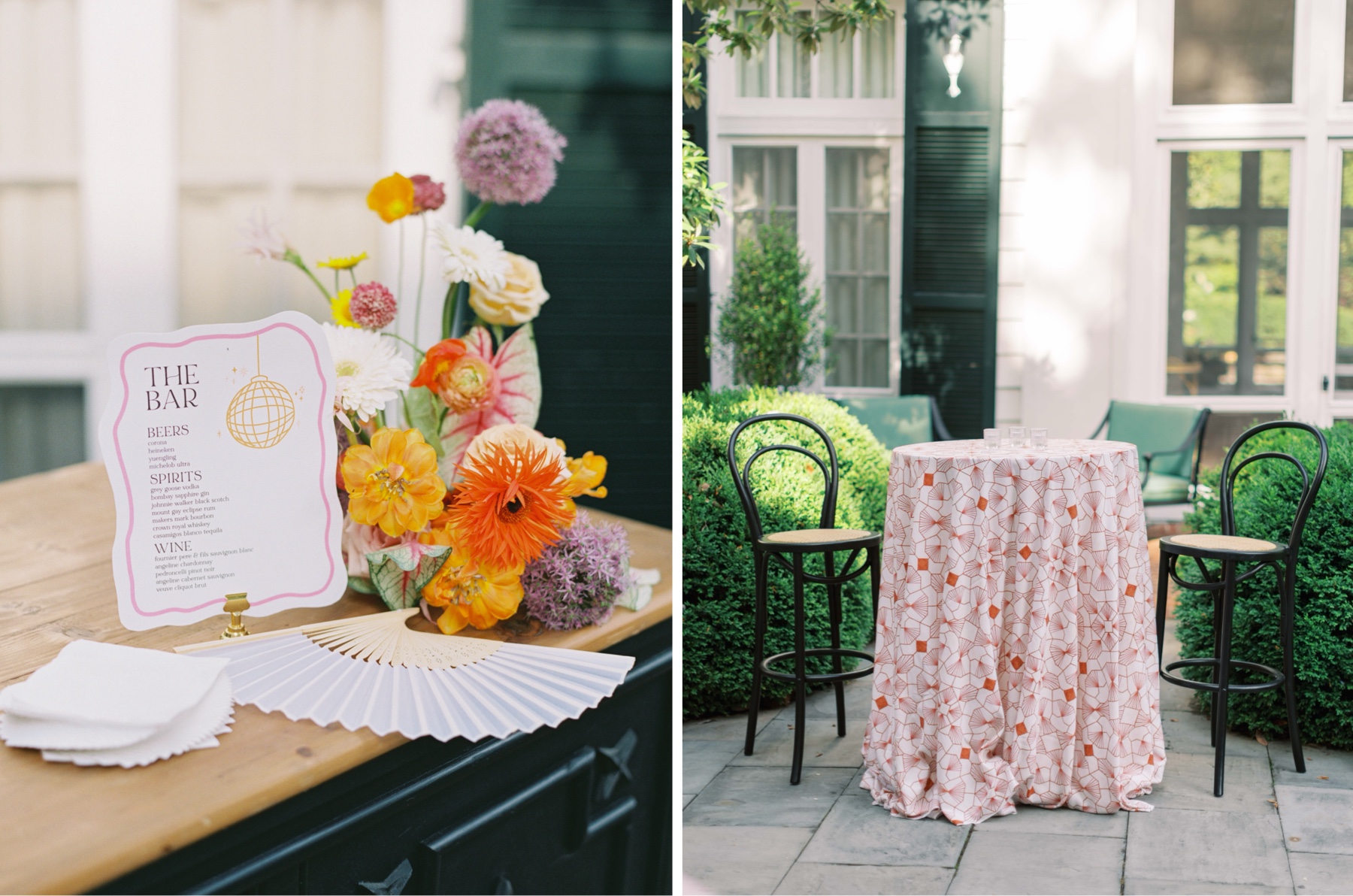colorful accents for Duke Mansion wedding reception including bar sign and geometric table cloth 