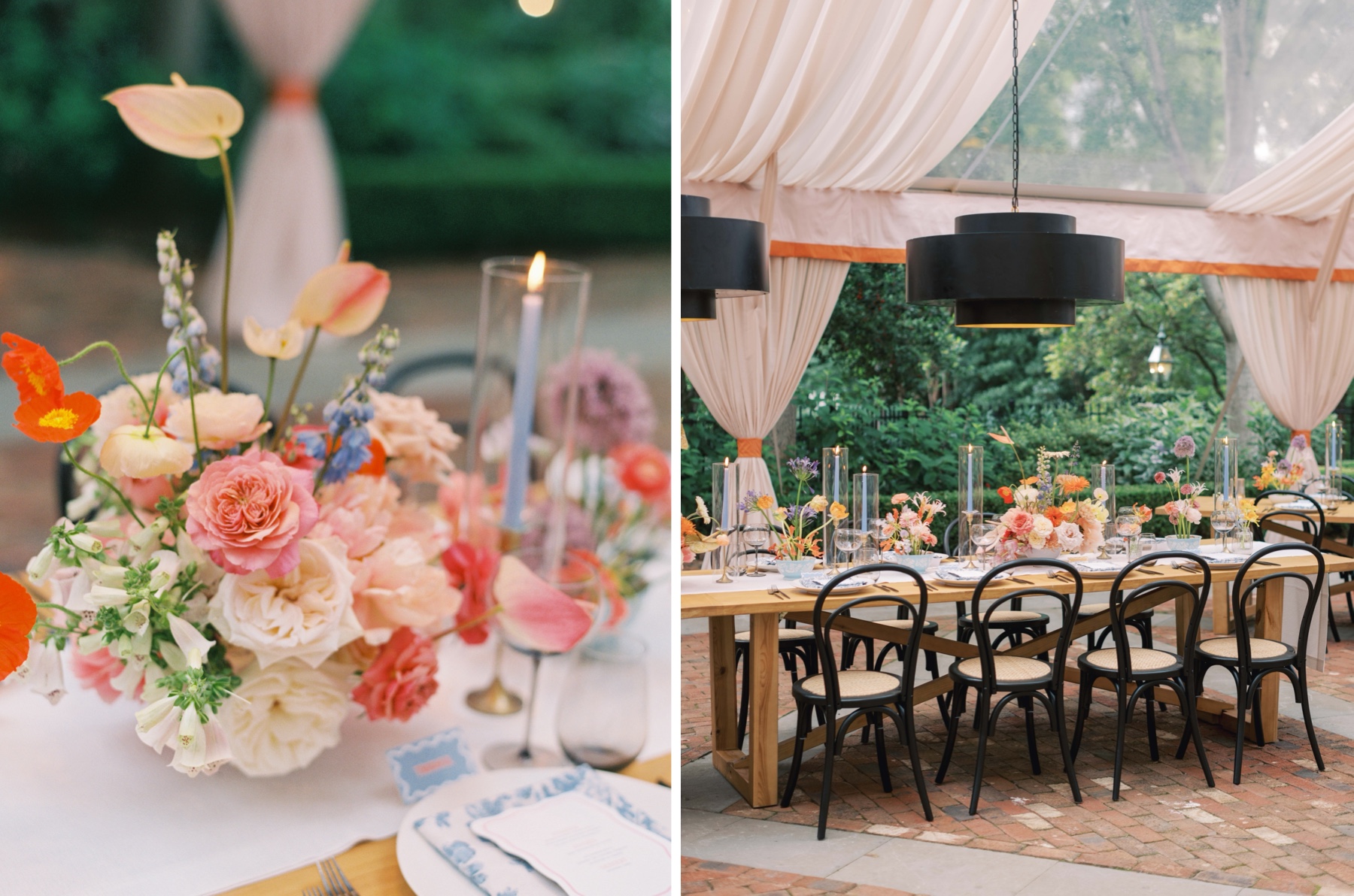 pink and white floral centerpieces with blue taper candles on table for Duke Mansion wedding reception 