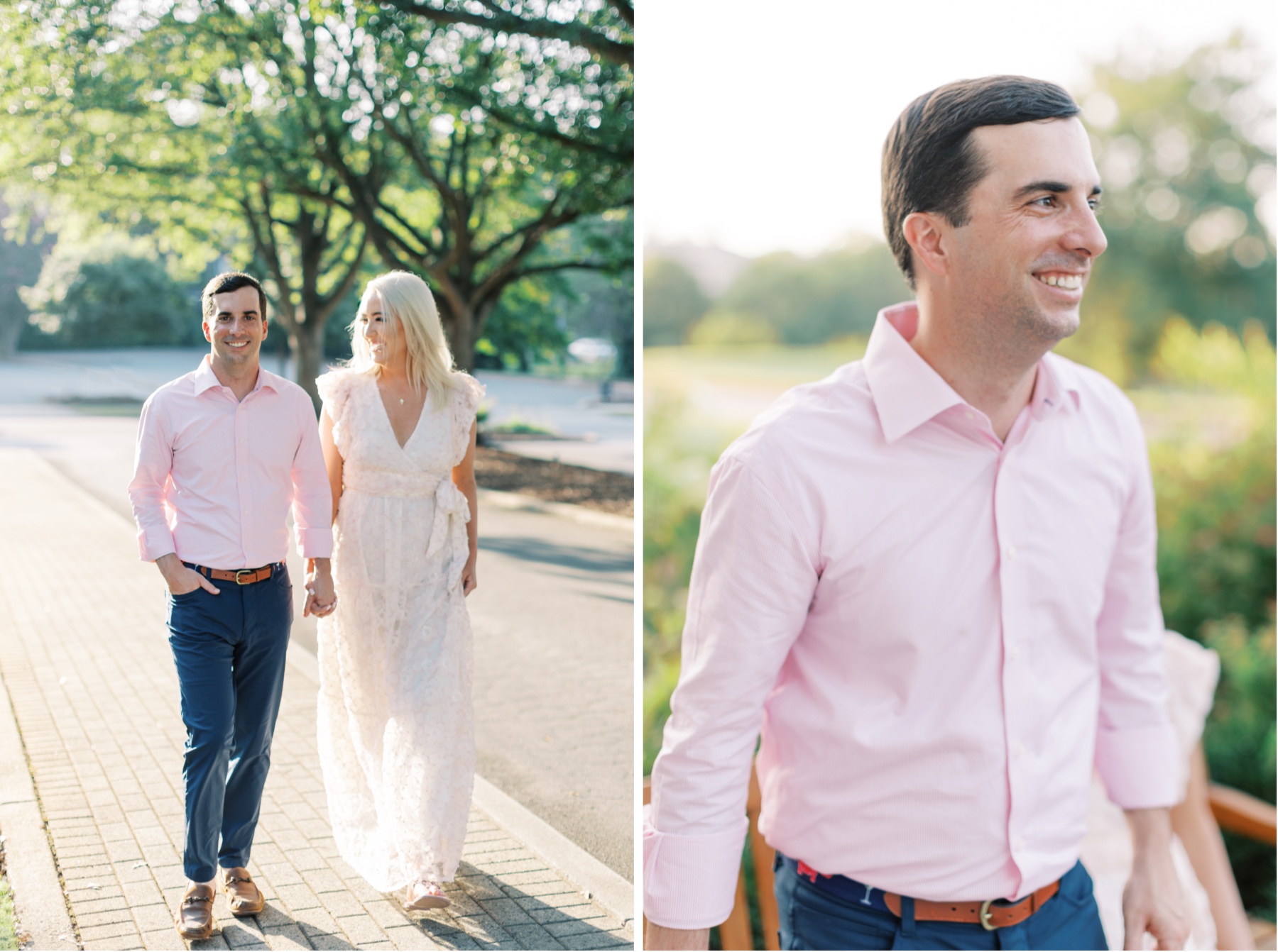 man in pink button up shirt walks with woman in lace white dress outside Myers Park Country Club