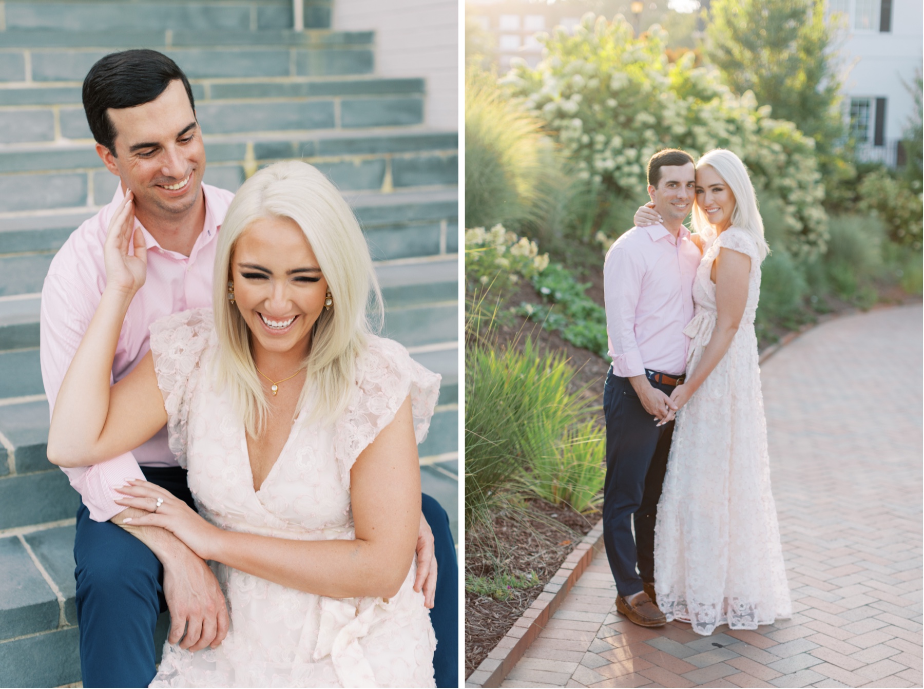 man and woman sit together on steps outside Myers Park Country Club