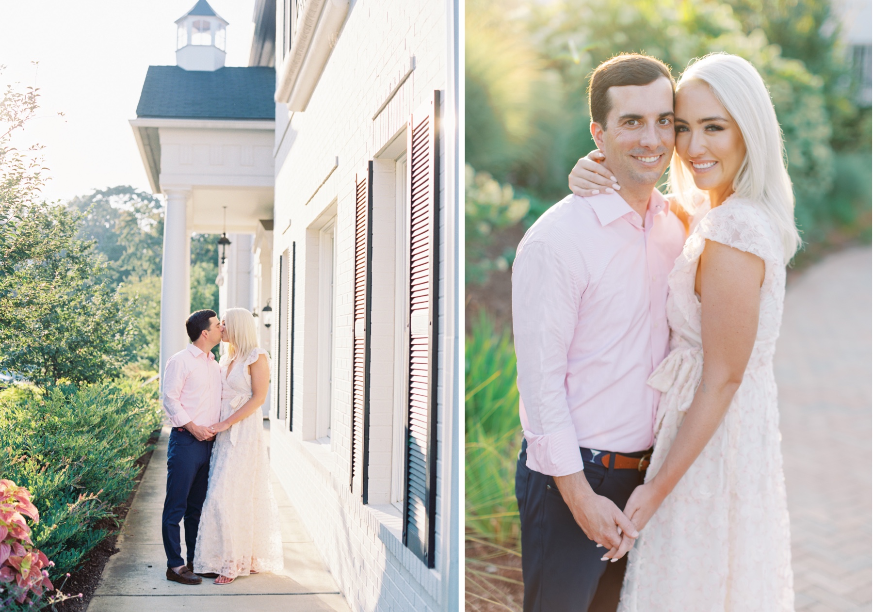 man and woman hold hands in front of black and white building at Myers Park Country Club