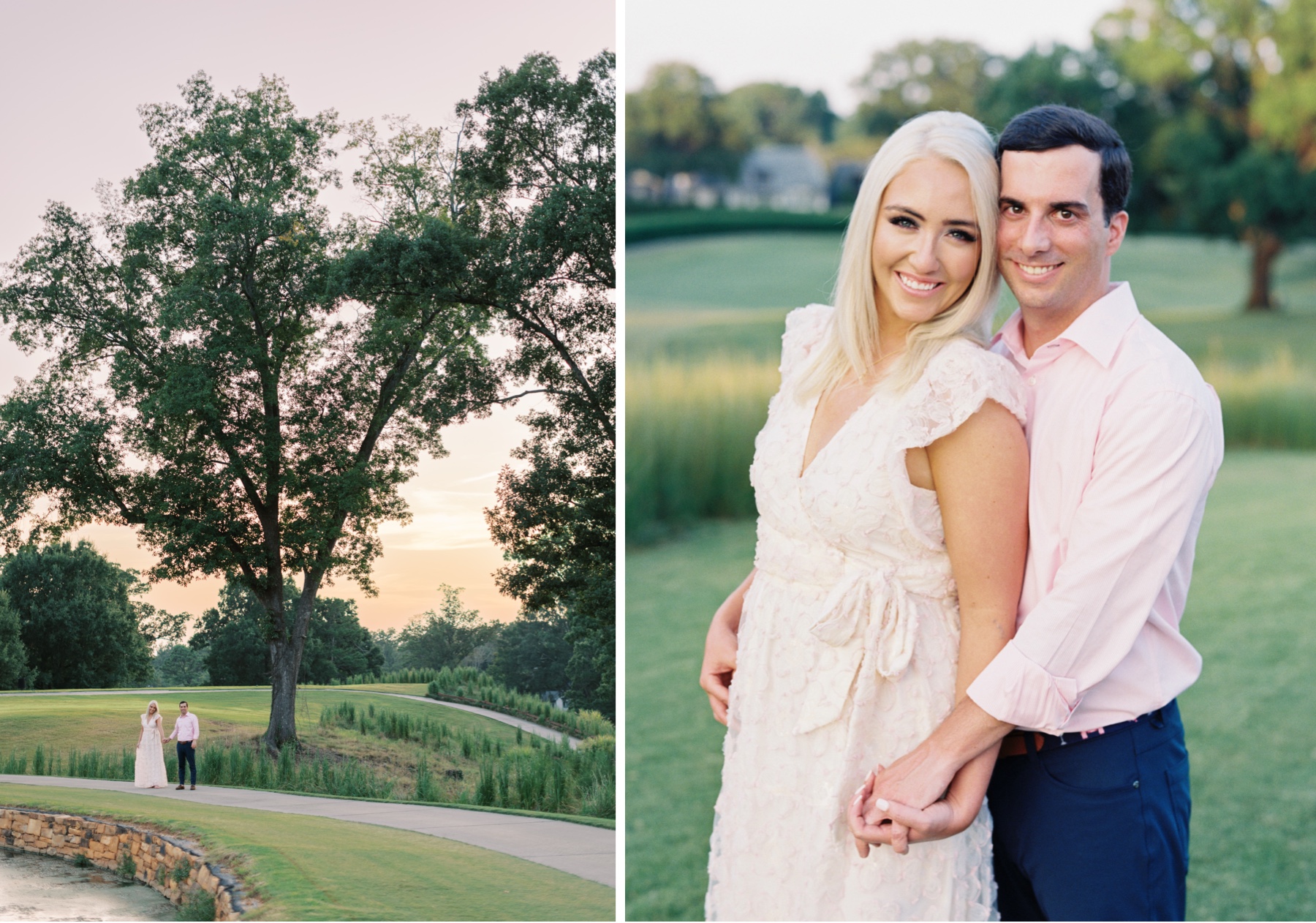 Charlotte engagement session at sunset on pathway of Charlotte venue 