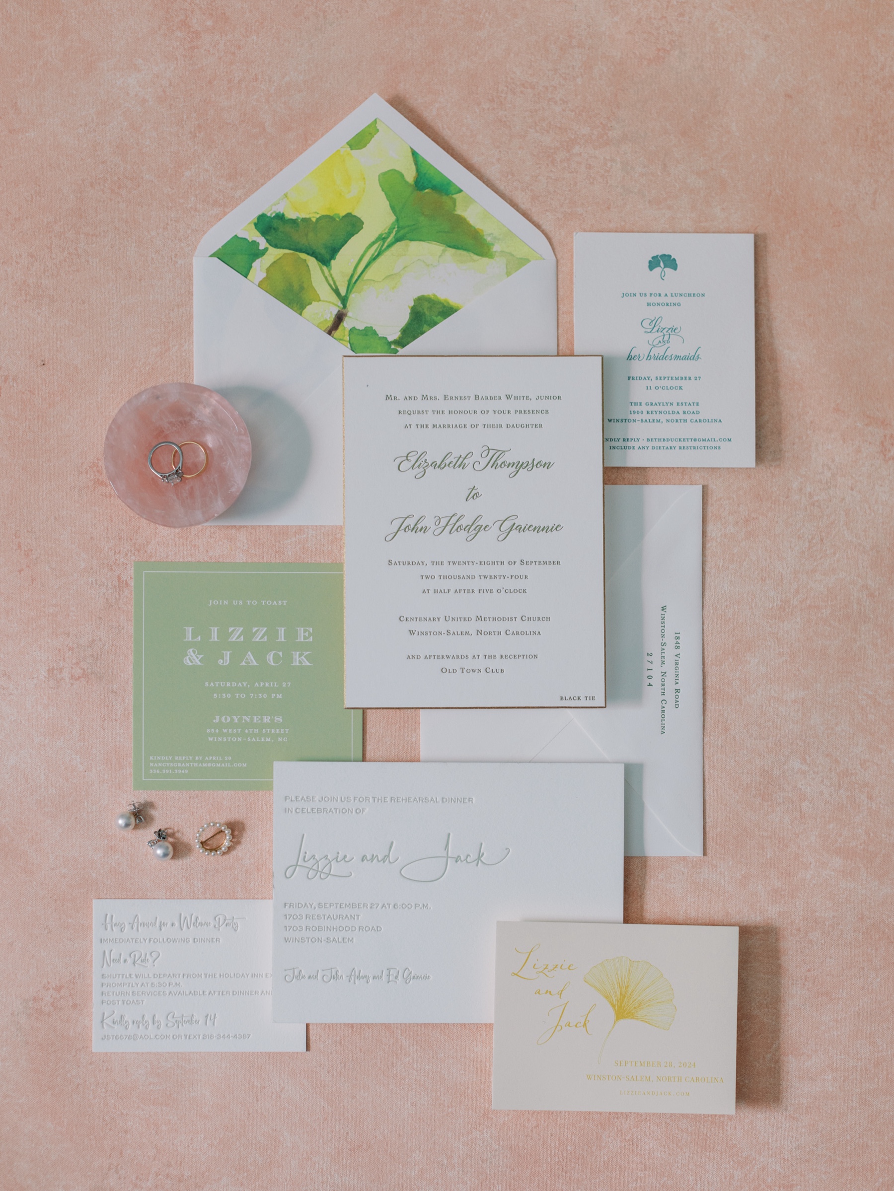 Wedding invitation suite from A Joyful, Stylish Wedding at Old Town Country Club in Winston-Salem