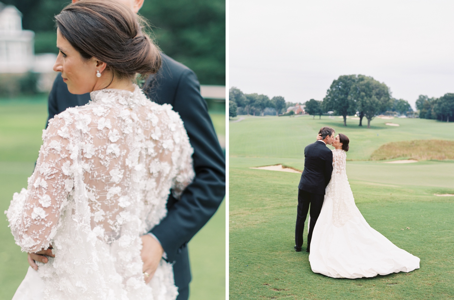 Bride and groom kiss on the golf course at Old Town Country Club in Winston-Salem
