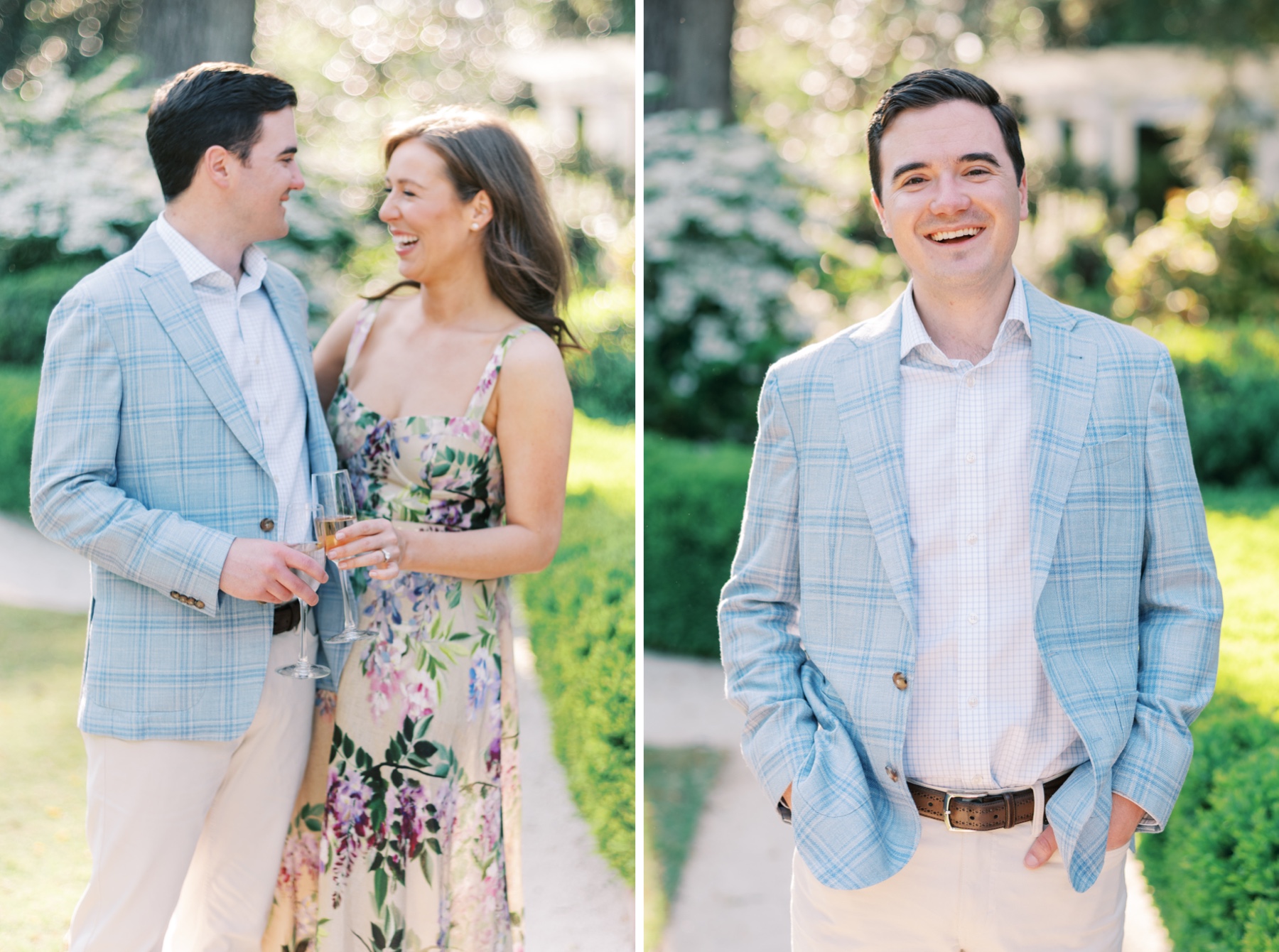 Guy wears blue suit jacket and tan pants with woman in floral dress