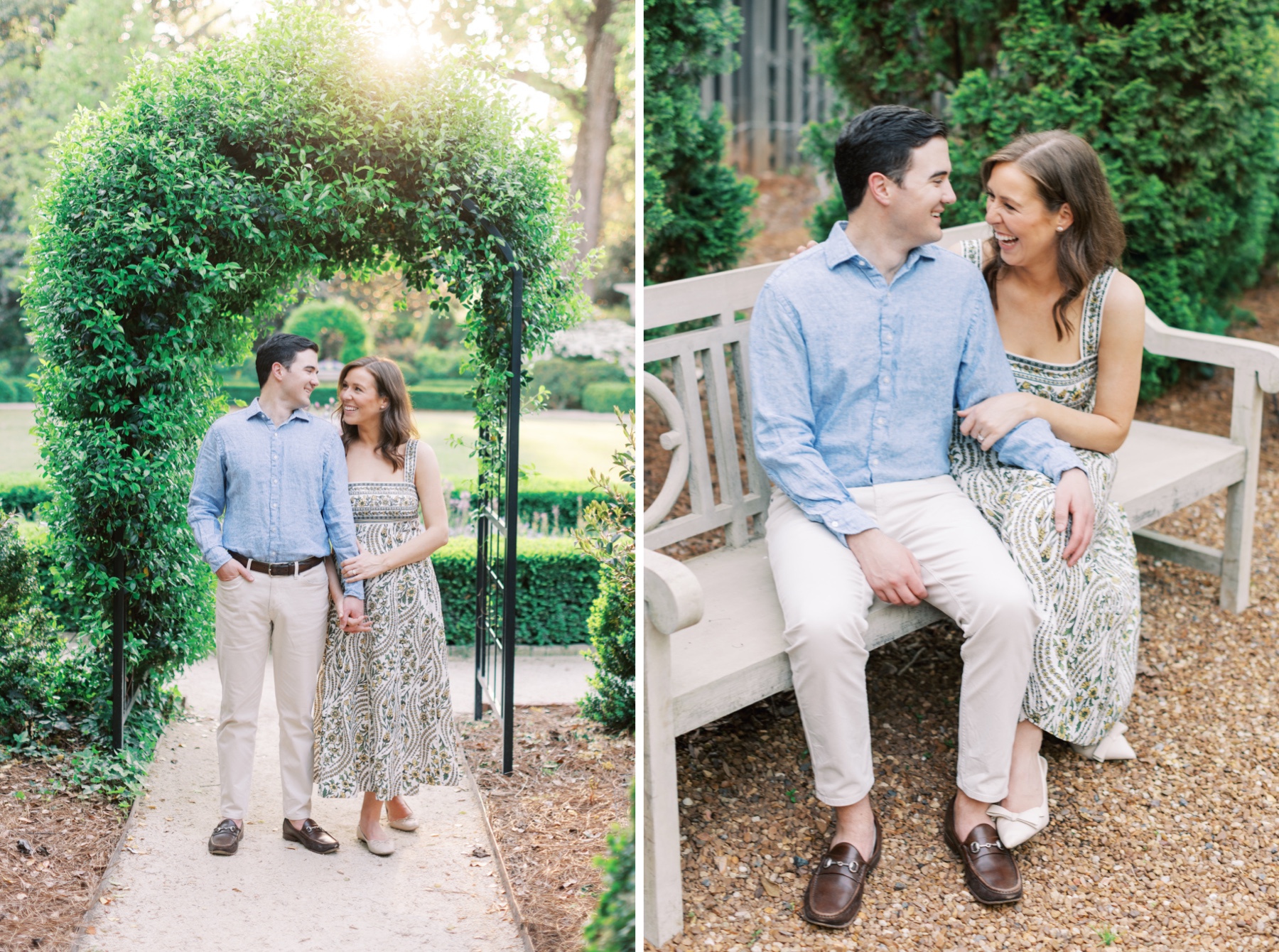 Couple laugh together during Elegant Spring Engagement at Duke Mansion